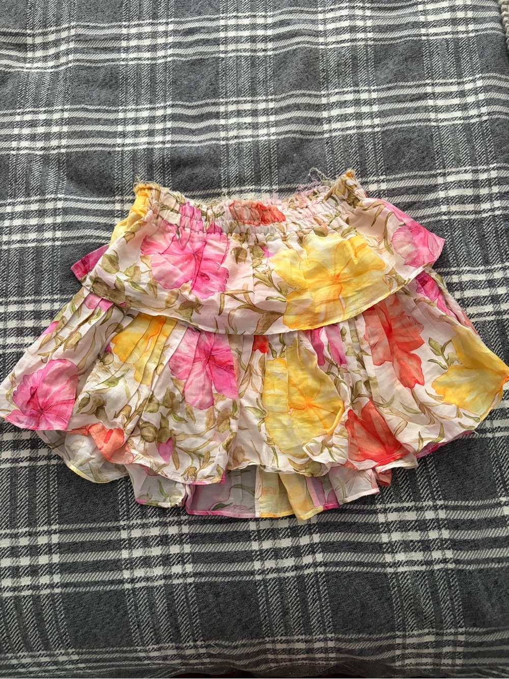 LoveShackFancy Floral Tiered Mini Skirt in Pink, Yellow, Orange